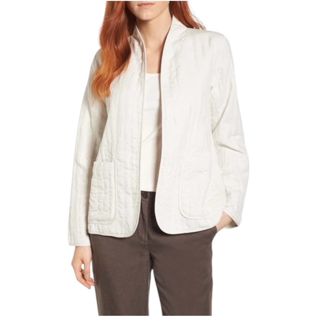 Eileen Fisher Quilted Linen Jacket In Bone White, Size Large